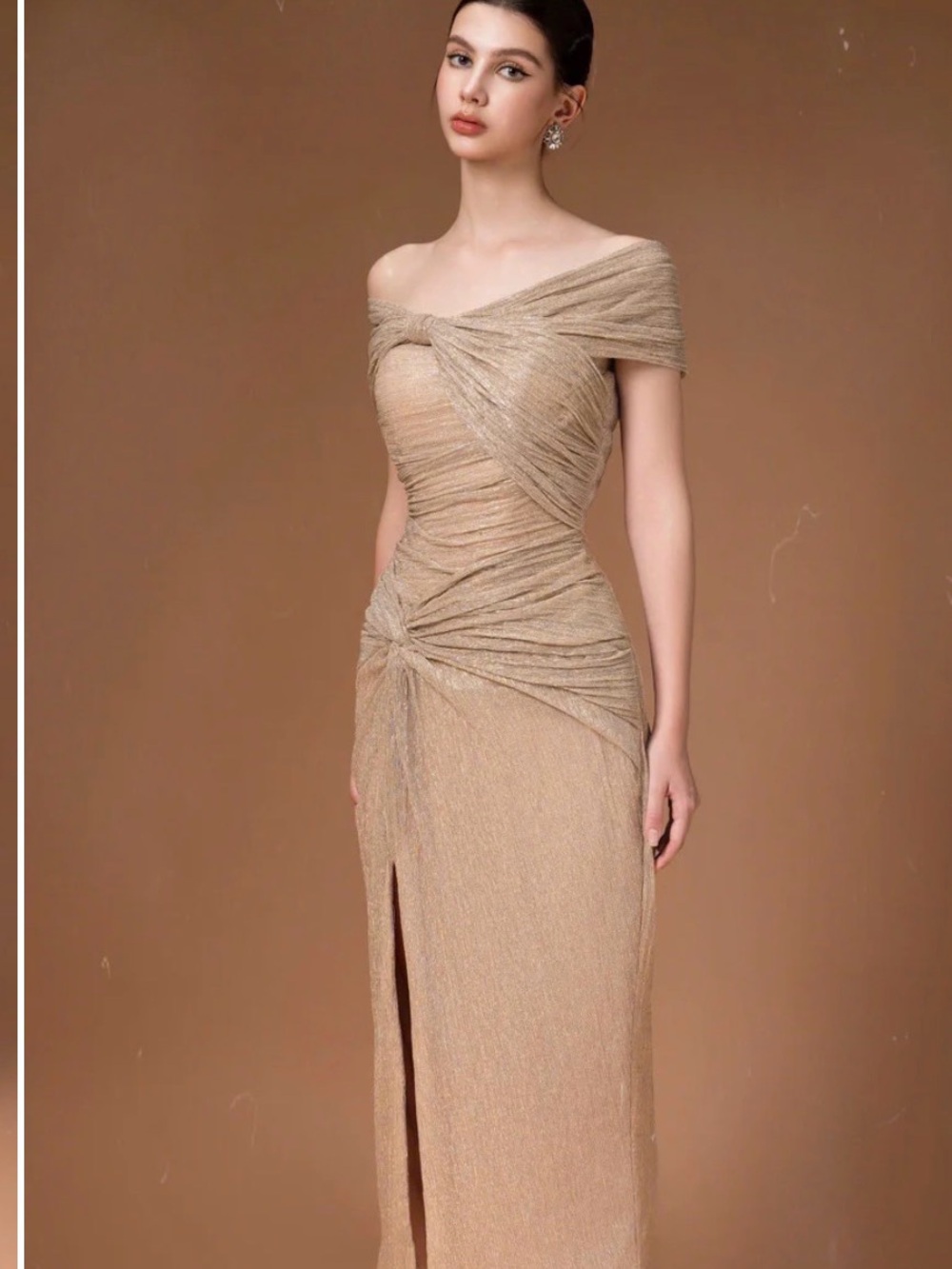 Hacchic Couture Off Shoulder Midi Dress In Nude, Champagne , Size 6 ( USA) - Picture 3 of 8